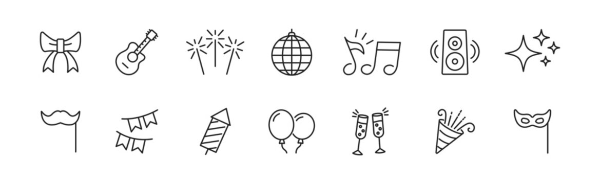 Party icons set. Celebration, birthday, holidays, carnival, event. Vector illustration