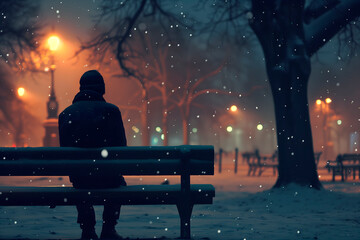 Man alone on a bench on a snowy night with dim lights