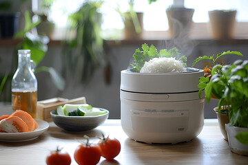 A white rice cooker with a steam basket for dual cooking, preparing rice and vegetables simultaneously. - Powered by Adobe