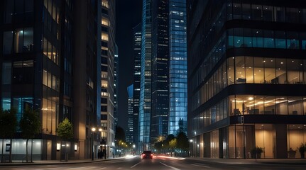 Low or uprisen angle view of modern skyscraper tower building in the night that represent futuristic architecture of office workplace in downtown area of Osaka Japan.generative.ai 