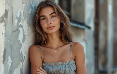 Naklejka premium A woman with a necklace and a blue shirt is standing in front of a wall. She has a serious expression on her face