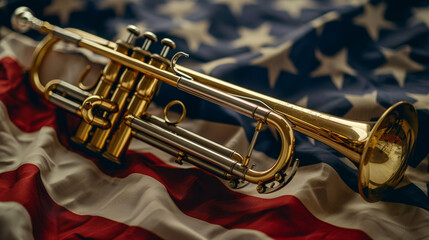 Obraz premium Resplendent golden trumpet on US flag, symbolizing patriotism and music heritage
