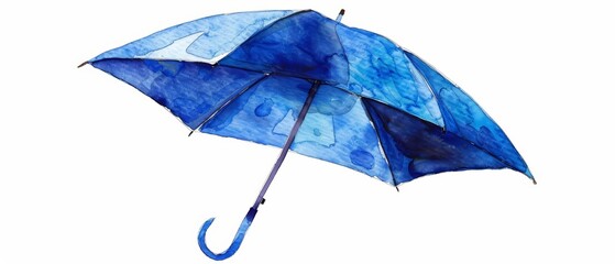 A watercolor painting of a clean blue umbrella open and ready for rain, isolated on white background