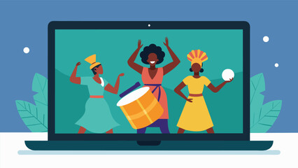 A laptop displaying a livestreamed performance of African drummers and dancers for a virtual Juneteenth gathering.. Vector illustration - obrazy, fototapety, plakaty