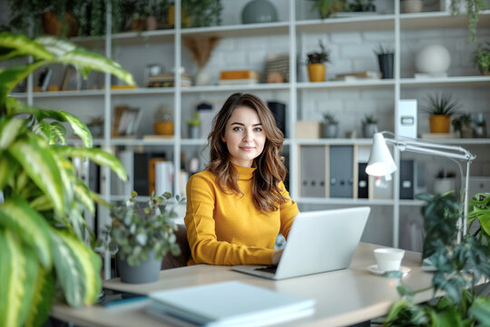 Smiling woman, dressed in yellow clothing in an office with laptop, sitting at a desk with white shelves in the background