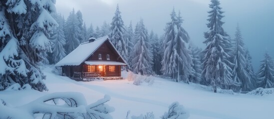 A winter landscape featuring an isolated wooden cabin