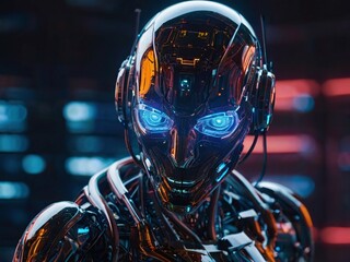 advanced humanoid robot with a metallic body and blue eyes, set in a futuristic environment,...