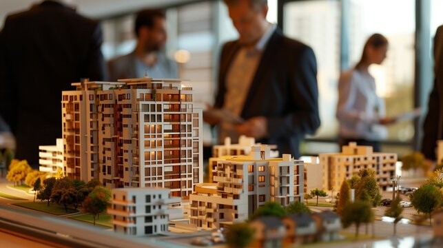 Business meetings of real estate brokers and company presidents to select a model to build a housing estate 