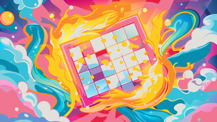 Vibrant Abstract Art with Flaming Chessboard and Swirling Colors
