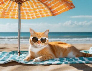 A relaxed orange tabby cat lounging on a beach towel under a bright sun umbrella. It wears stylish, oversized sunglasses with reflective lenses - obrazy, fototapety, plakaty