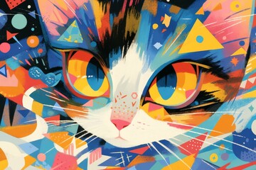 A curious cat peering through a kaleidoscope, depicted in the vibrant, abstract style of Wassily Kandinsky