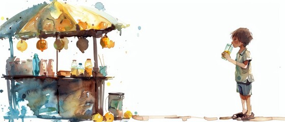 A watercolor painting of a simple kid sipping lemonade at a homemade stand, on a white background