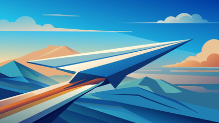 Soaring Paper Airplane Over Mountainous Landscape at Sunset