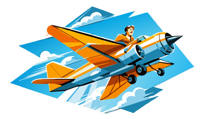 Adventurous Female Pilot Flying Vintage Propeller Airplane in Sky - obrazy, fototapety, plakaty