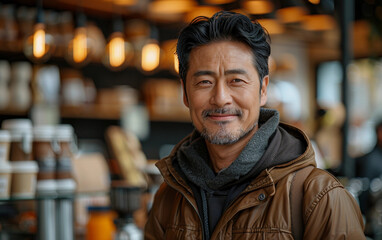 Fototapeta premium A man with a beard and glasses is smiling in front of a coffee shop. He is wearing a brown jacket and a scarf