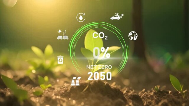 Digital dashboard of CO2 level gauge percentage drop down to 0. Net Zero Emissions by 2050 policy animation concept, green renewable energy technology for future environment.4K corporate video