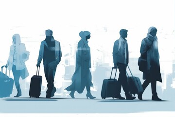 Silhouettes of diverse modern travelers with luggage, monochrome blue palette, ideal for corporate and travel designs.