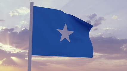 Flag of Somalia in the wind on a sunset sky