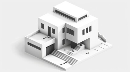 isometric black and white vector of an architectural design of a house with two square blocks, stairs in between the blocks connected to each other