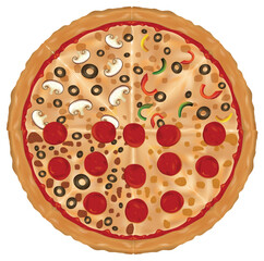 Vector illustration of a pizza with various toppings.