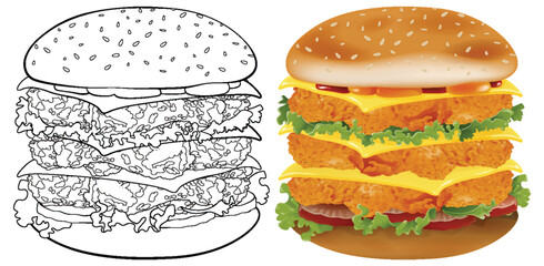 Vector illustration of a sketched and colored burger.