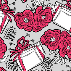 Gift box, ribbon and flowers seamless vector pattern for wrapping present with bow, party celebration, sale promotion, Textile print, fabric design, banner background. Hand drawn style illustration.
