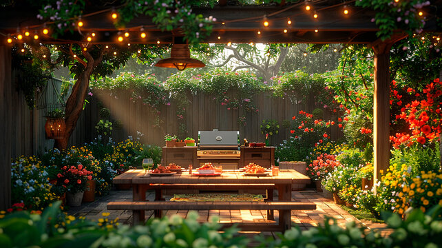 un jard&iacute;n con una barbacoa como centro de atenci&oacute;n. 