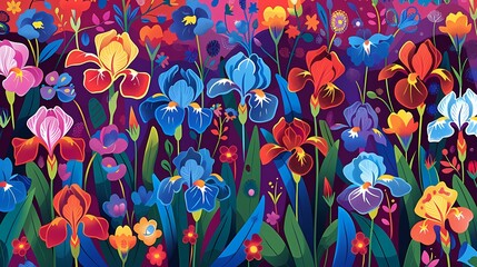 Retro colorful iris flowers plant pattern illustration poster background