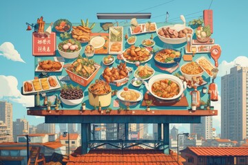 A colorful billboard for a food festival, displaying mouthwatering food images and enticing visitors to attend