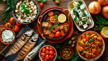 comida tradicional griega dispuesta con gran belleza sobre un fondo de madera. 