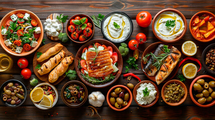 comida tradicional griega dispuesta con gran belleza sobre un fondo de madera.  - obrazy, fototapety, plakaty