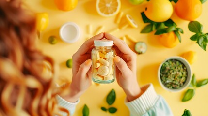 A close-up image of a person's hands holding a bottle of vitamin supplements with a variety of citrus fruits and green leaves on a yellow background. Omega 3, multivitamins, vitamins B, C, D, collagen