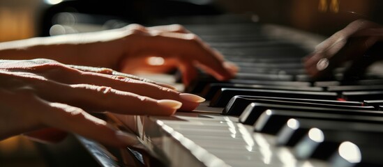 close-up of hands playing the piano