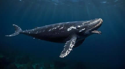 calf humpback whale playing at water surface in deep French Polynesia waters.generative.ai 