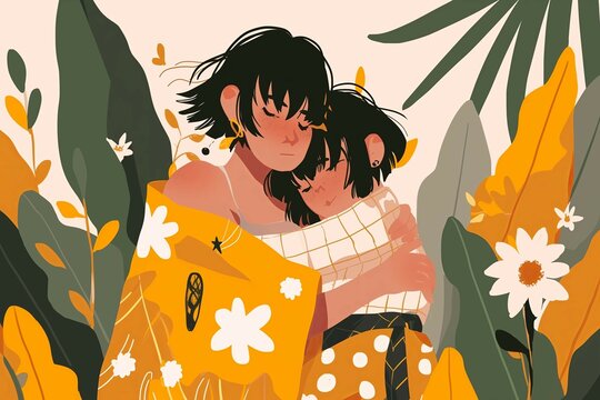 Mother daughter hugging yellow blanket tropical foliage illustration