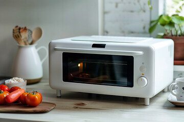 A white toaster oven with a compact footprint, suitable for small spaces.