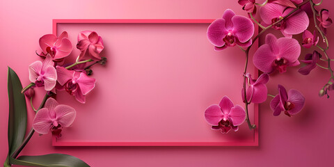 Orchid Flowers with Bright Pink Mockup Empty Frame on Flat Surface