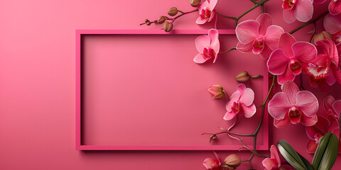 Orchid Flowers with Bright Pink Mockup Empty Frame on Flat Surface