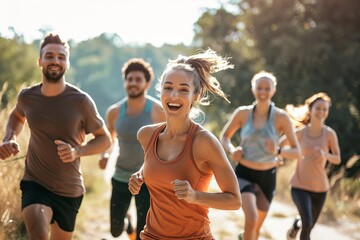 Group of happy fit friends exercising together outdoors. Sport people healthy lifestyle concept, Generative AI