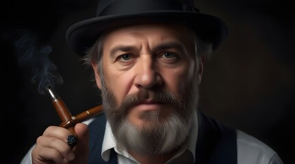 Mature man with beard smoking pipe, wearing hat, against dark background.generative.ai 