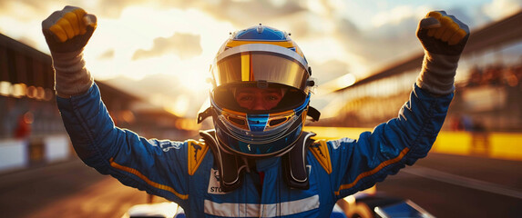 A man in a racing suit is celebrating his victory on a race track. Concept of excitement and...