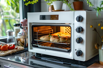 A white toaster oven with multiple cooking functions, versatile for different recipes.