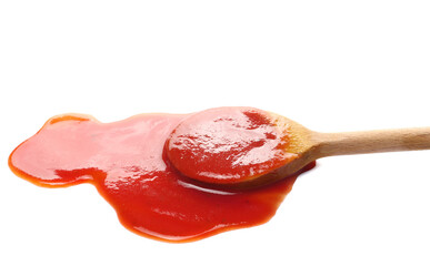 Ketchup, tomato sauce in wooden spoon isolated on white background