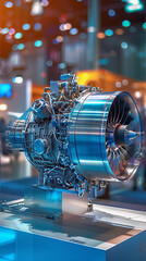 A large engine is on display in a museum. The engine is surrounded by a blue background and a few people are standing nearby. Scene is one of curiosity and admiration for the engineering marvel