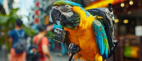 Parrots in this city use tiny backpacks equipped with GPS to navigate and communicate in urban environments Sharpen close up strange style hitech ultrafashionable concept