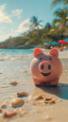 A pig is standing on the beach with a smile on its face. The beach is a beautiful and relaxing setting, with the ocean in the background and people enjoying the sun. The pig is a fun