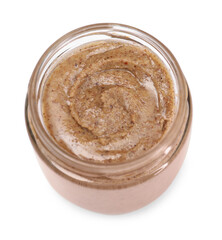 Tasty nut paste in jar isolated on white, above view