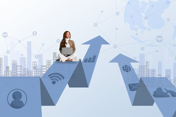 Smiling young woman with laptop sitting on a growing up arrow. Concept of global network connection