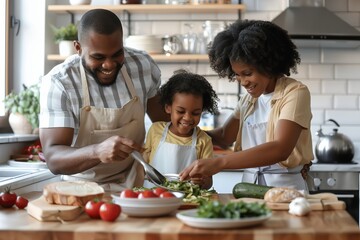 Happy african american family preparing healthy food together in kitchen, Generative AI