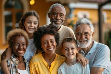 Happy multiethnic multigeneration family with husband, wife, children, grandfather and grandmother, Generative AI - Powered by Adobe